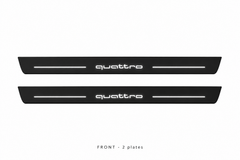 Audi A7 4K8 Matte PRO catalogue illustration: two flat black FRONT plates with illuminated quattro lettering and top lines on white; not exact dimensions