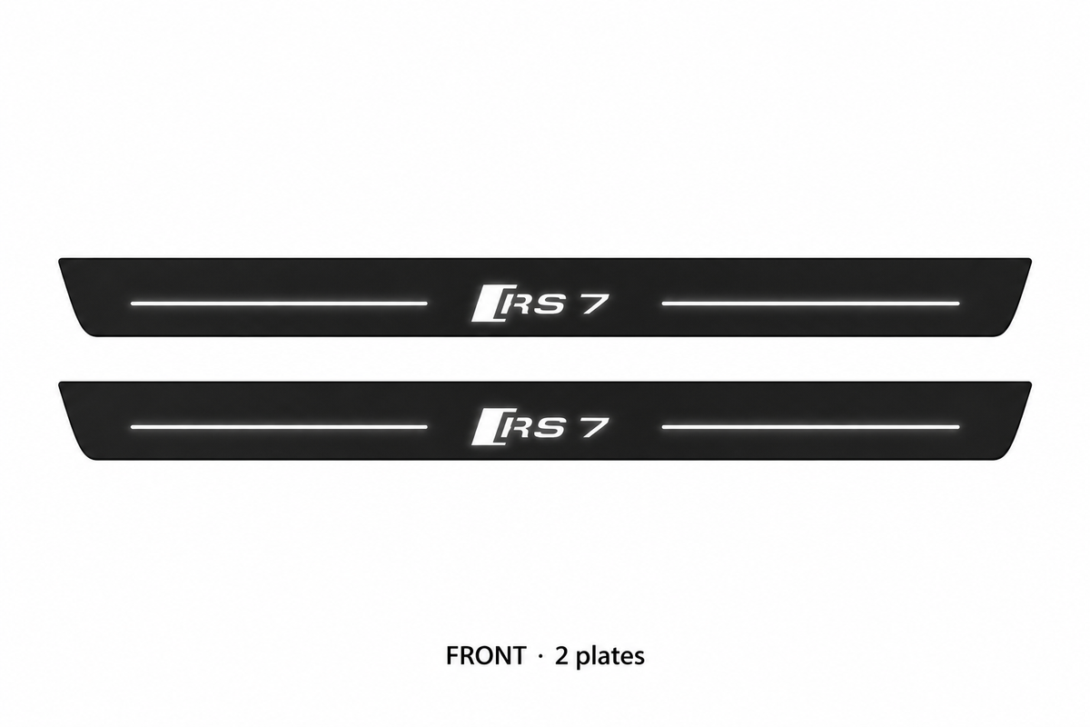 Audi A7 4K8 Matte PRO catalogue illustration: two flat black FRONT plates with illuminated stylized RS7 badge and top lines on white; not exact dimensions