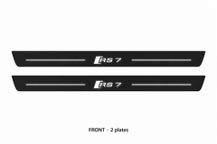Audi A7 4K8 Matte PRO catalogue illustration: two flat black FRONT plates with illuminated stylized RS7 badge and top lines on white; not exact dimensions