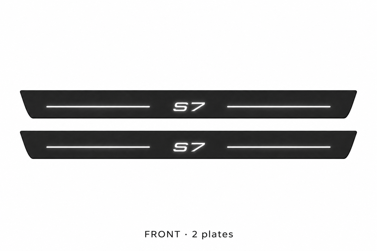 Audi A7 4K8 Matte PRO catalogue illustration: two flat black FRONT plates with illuminated S7 lettering and top lines on white; not exact dimensions