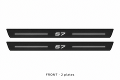 Audi A7 4K8 Matte PRO catalogue illustration: two flat black FRONT plates with illuminated S7 lettering and top lines on white; not exact dimensions