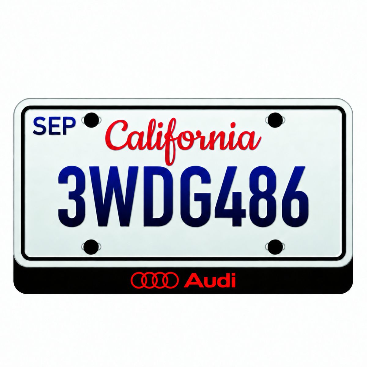 Audi Var.1 four illuminated rings and mixed-case Audi wordmark below an illustrative US license plate; plate not included