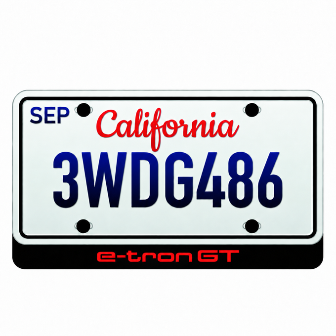 Audi e-tron GT illuminated LED badge beneath an illustrative US license plate; plate not included
