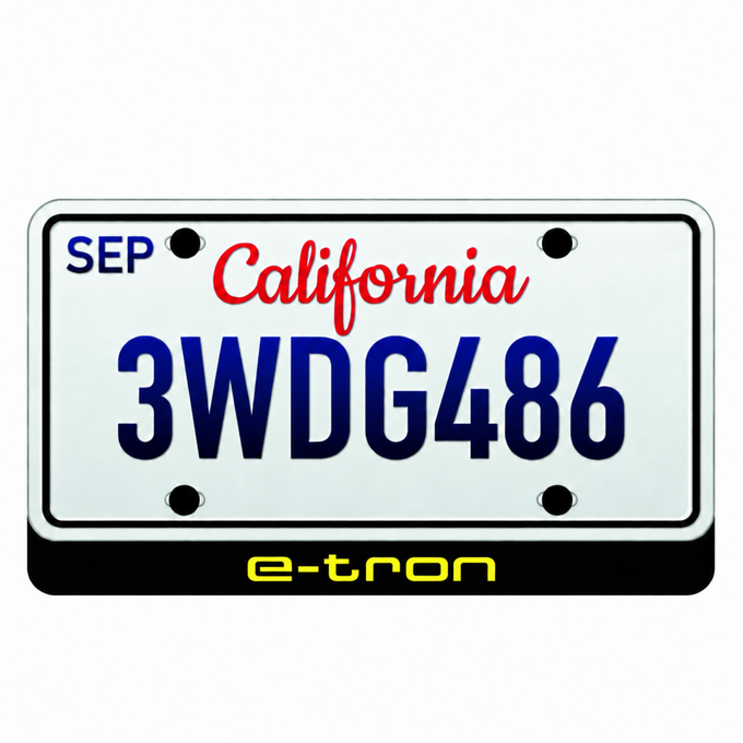 Audi e-tron illuminated LED badge beneath an illustrative US license plate; plate not included