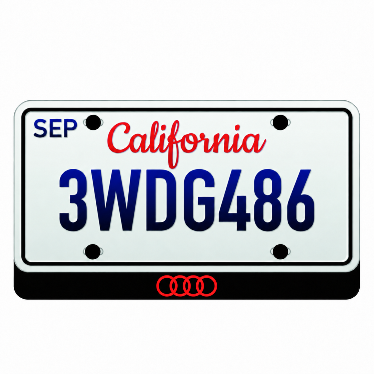 Audi Four Rings illuminated LED badge beneath an illustrative US license plate; plate not included