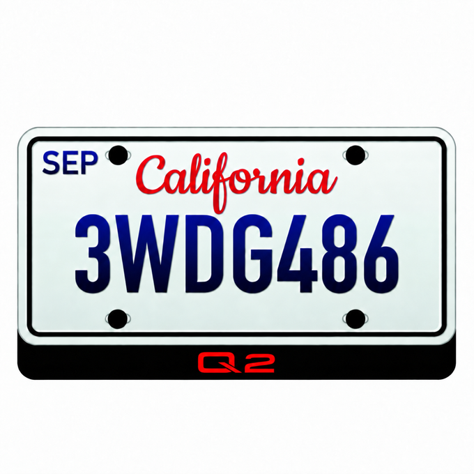 Audi Q2 illuminated LED badge beneath an illustrative US license plate; plate not included