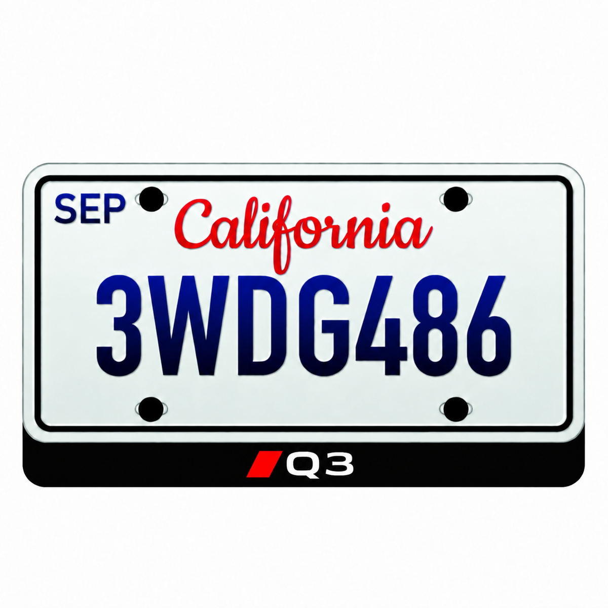 Audi Q3 illuminated LED badge beneath an illustrative US license plate; plate not included