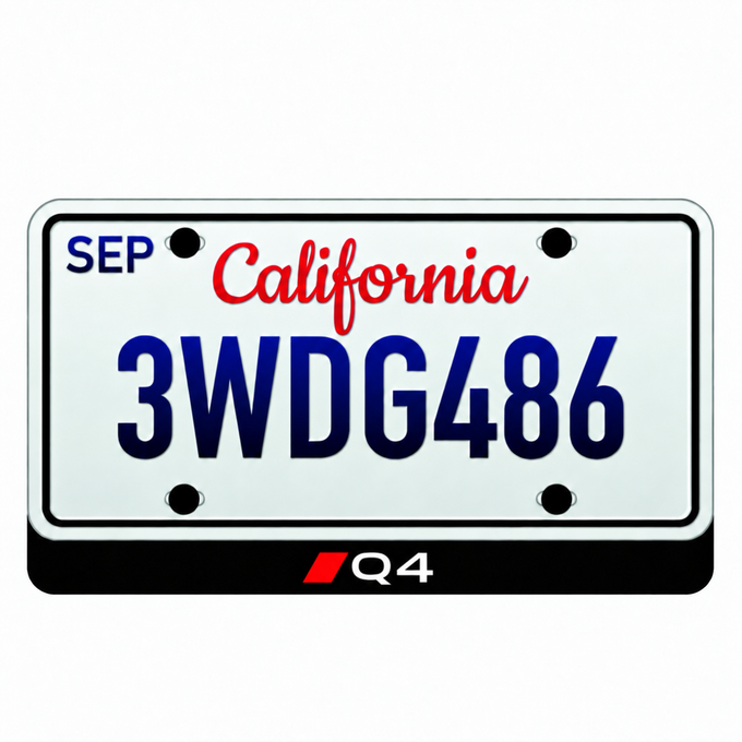 Audi Q4 illuminated LED badge beneath an illustrative US license plate; plate not included