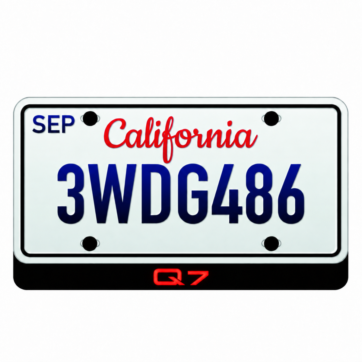 Audi Q7 illuminated LED badge beneath an illustrative US license plate; plate not included