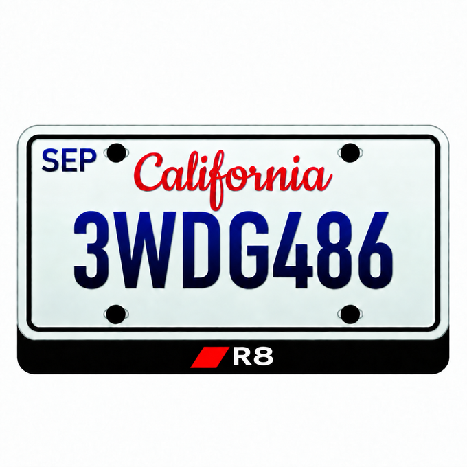 Audi R8 LED badge with white letters and red Audi Sport accent below an illustrative California plate; plate not included