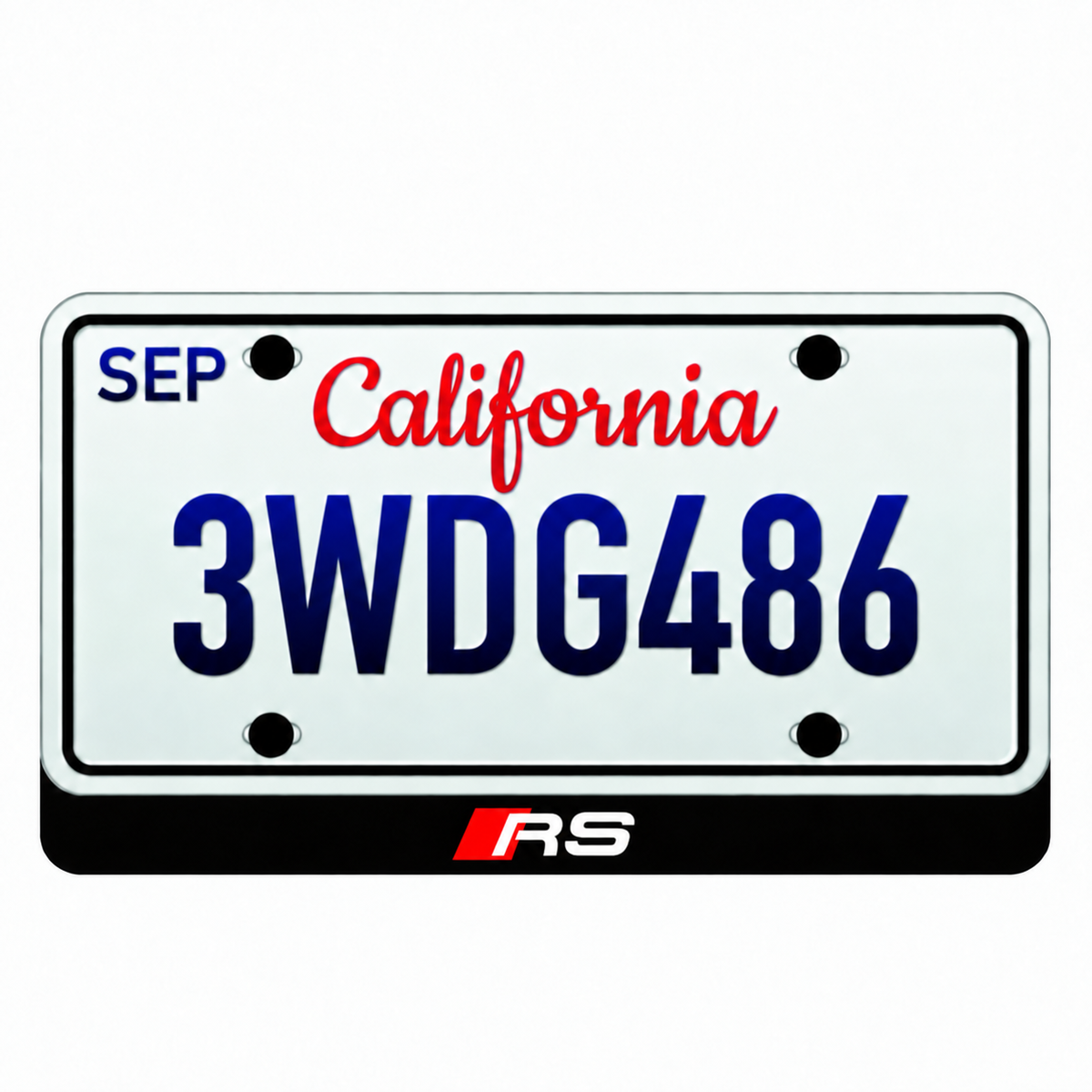 Audi RS illuminated LED badge beneath an illustrative US license plate; plate not included