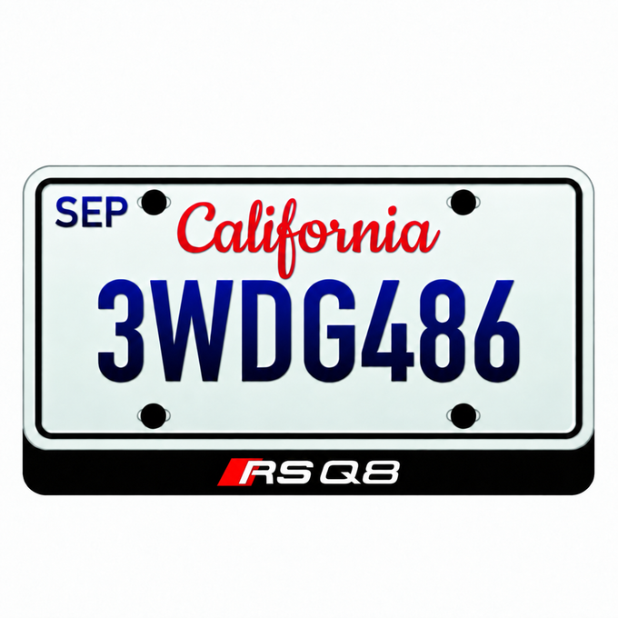 Audi RS Q8 illuminated LED badge beneath an illustrative US license plate; plate not included