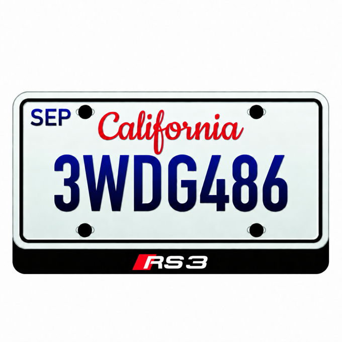 Audi RS3 illuminated LED badge beneath an illustrative US license plate; plate not included