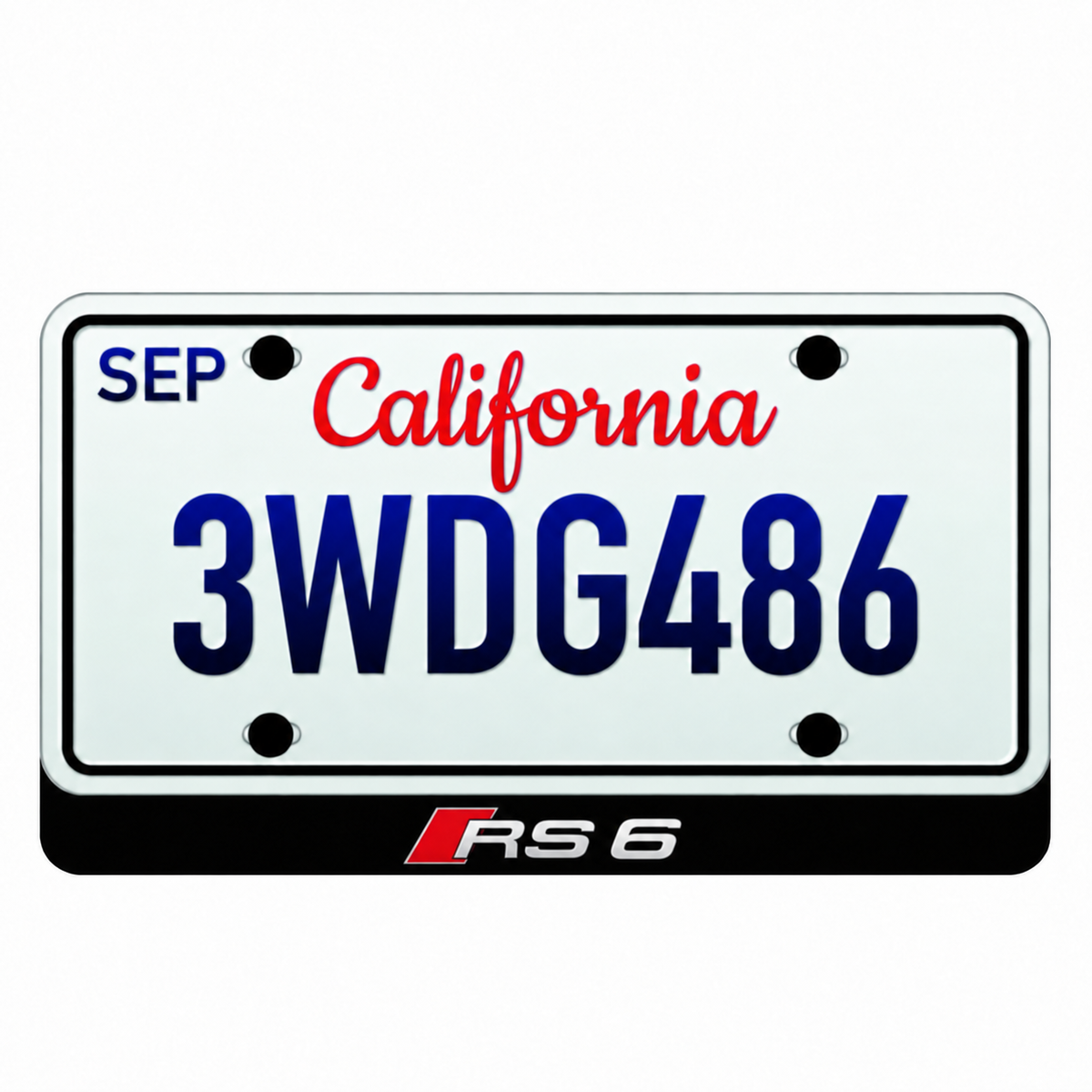 Audi RS6 illuminated LED badge beneath an illustrative US license plate; plate not included