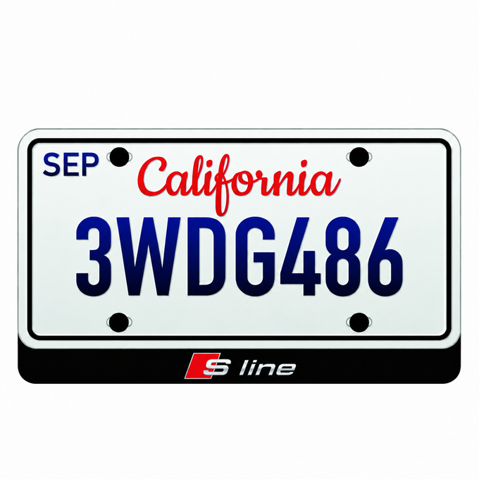 Audi S line illuminated LED badge beneath an illustrative US license plate; plate not included