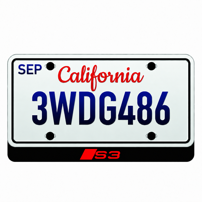 Audi S3 illuminated LED badge beneath an illustrative US license plate; plate not included
