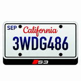 Audi S3 LED badge with white letters and red Audi Sport accent below an illustrative California plate; plate not included