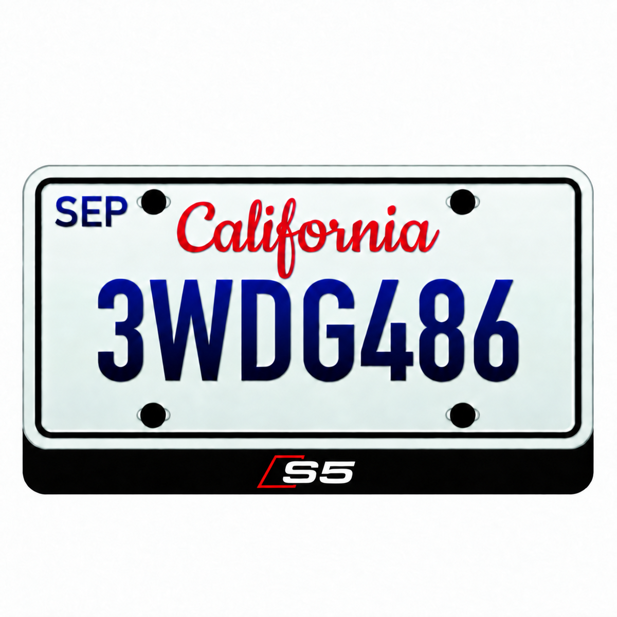 Audi S5 LED badge with white letters and red Audi Sport accent below an illustrative California plate; plate not included