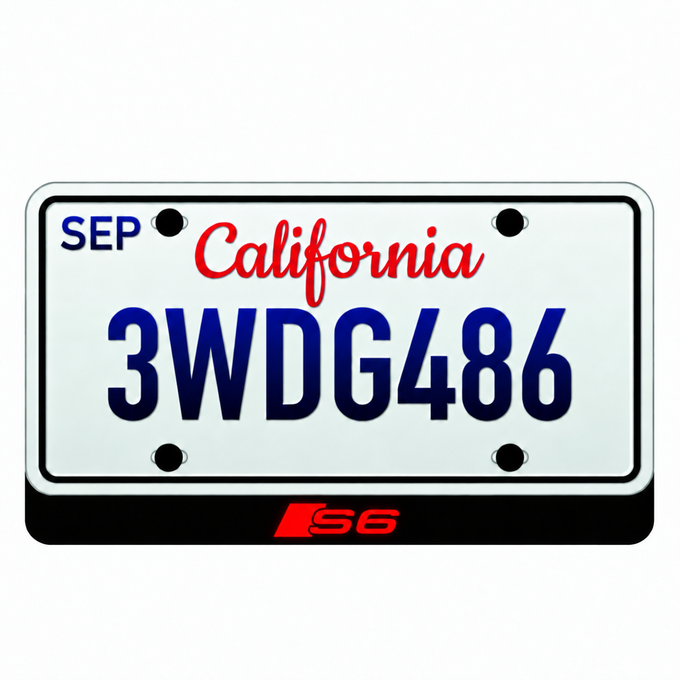 Audi S6 illuminated LED badge beneath an illustrative US license plate; plate not included