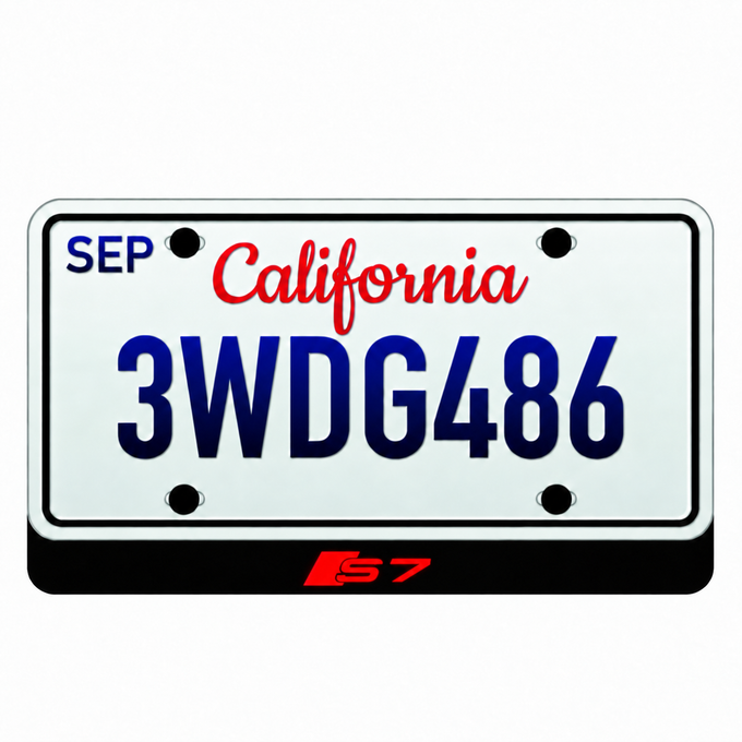 Audi S7 illuminated LED badge beneath an illustrative US license plate; plate not included