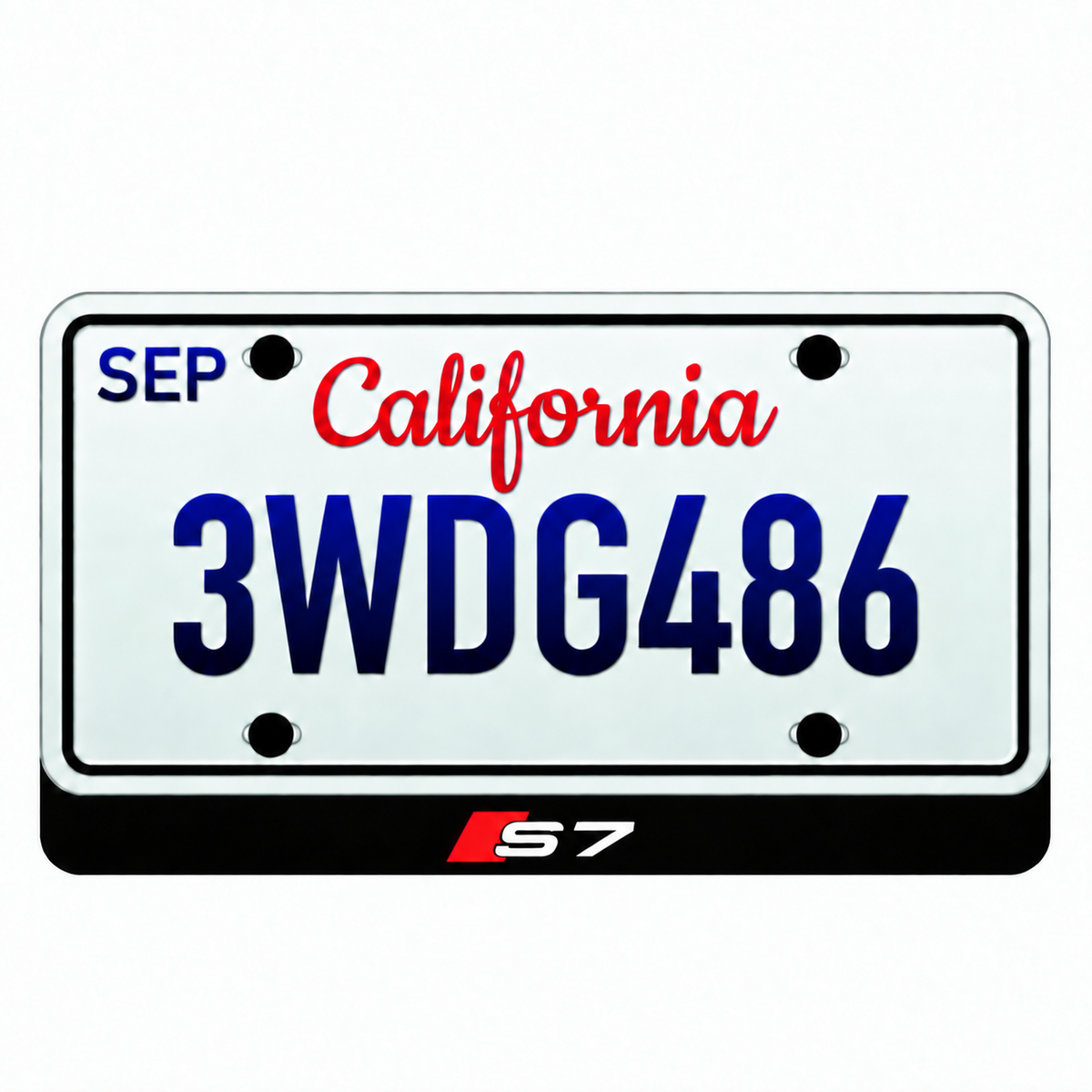 Audi S7 LED badge with white letters and red Audi Sport accent below an illustrative California plate; plate not included