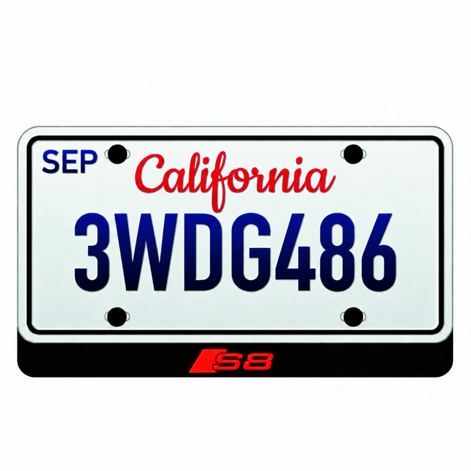 Audi S8 illuminated LED badge beneath an illustrative US license plate; plate not included
