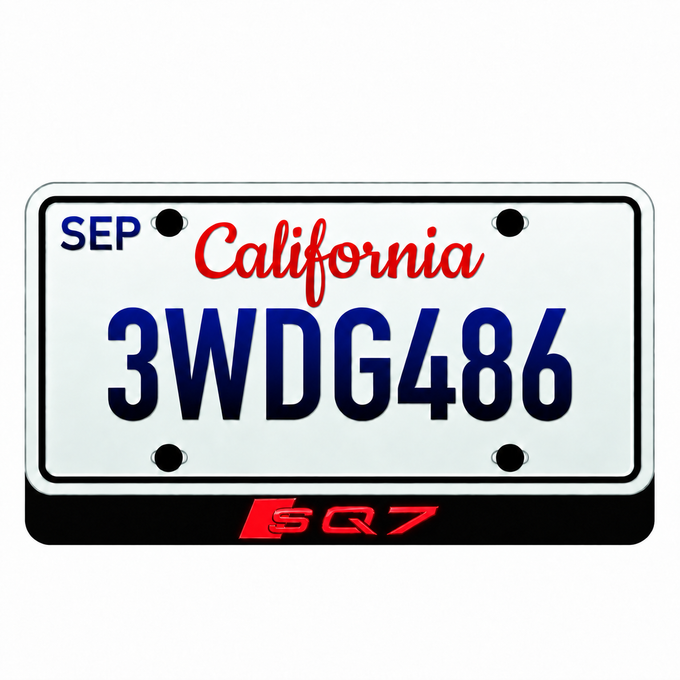 Audi SQ7 illuminated LED badge beneath an illustrative US license plate; plate not included