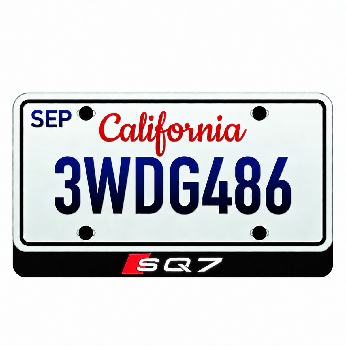 Audi SQ7 LED badge with white letters and red Audi Sport accent below an illustrative California plate; plate not included