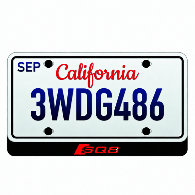 Audi SQ8 illuminated LED badge beneath an illustrative US license plate; plate not included