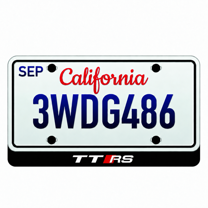 Audi TT RS illuminated LED badge beneath an illustrative US license plate; plate not included