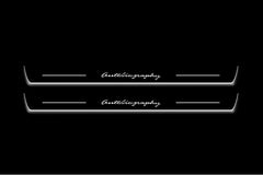 Two long door sill plates with Autobiography lettering and edges illuminated in white, straight-on view on a dark background.