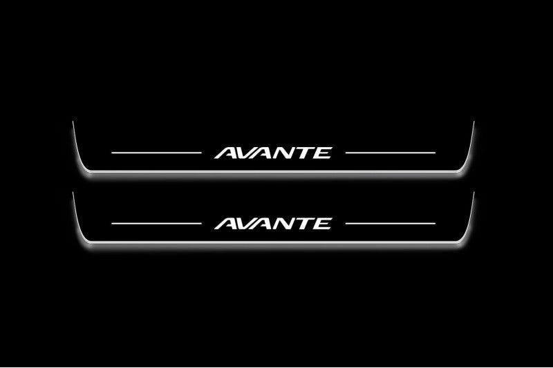 Hyundai Avante V MD 2010+ LED door sill plates in stainless steel with Avante logo