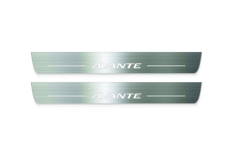 LED door sill plates Hyundai Avante VI AD 2015+ in stainless steel with Avante logo