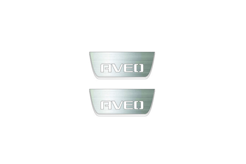 Two short silver-finished door sill plates with Aveo lettering on a light background, straight-on view.