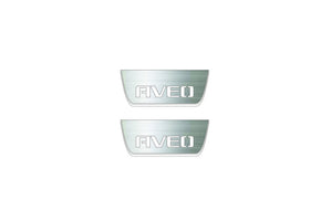 Chevrolet Aveo II 2011+ illuminated entry guards in stainless steel with Aveo logo