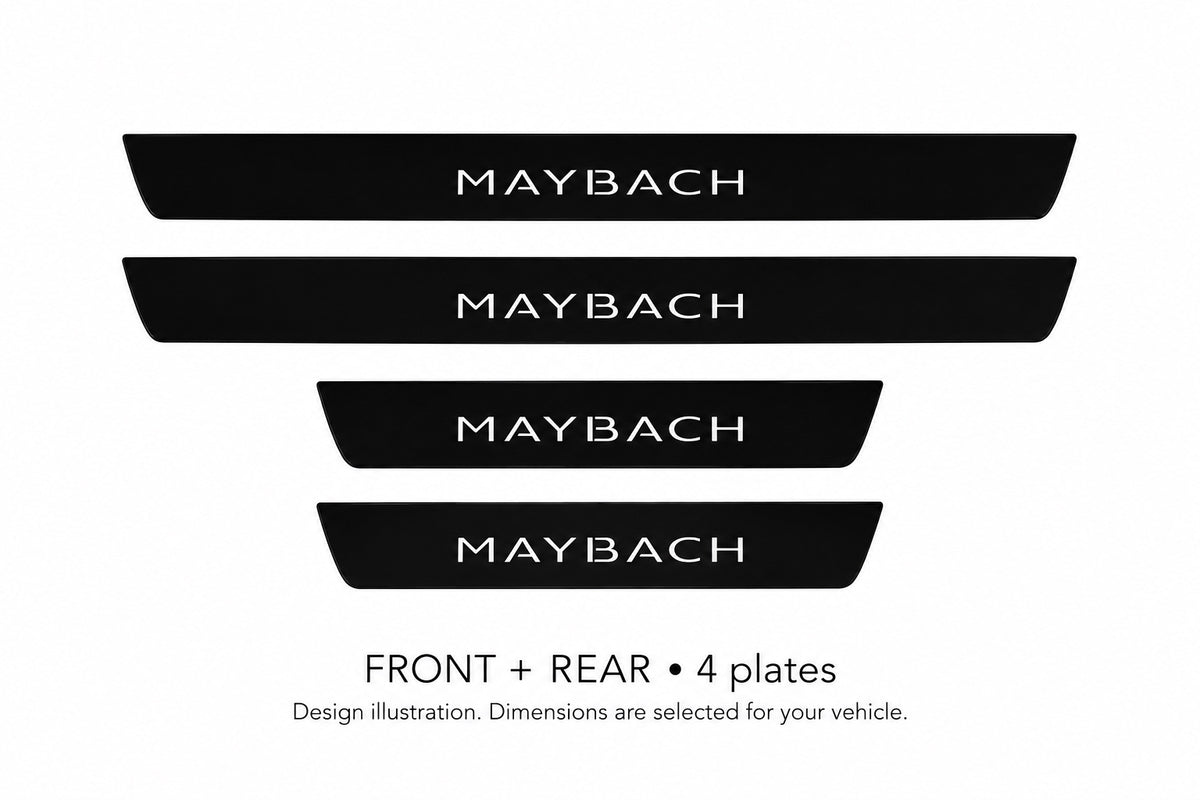 Matte PRO MAYBACH design illustration: two front and two rear plates, black painted body with white top lettering and unlit edges. Dimensions selected for the vehicle; not to scale.