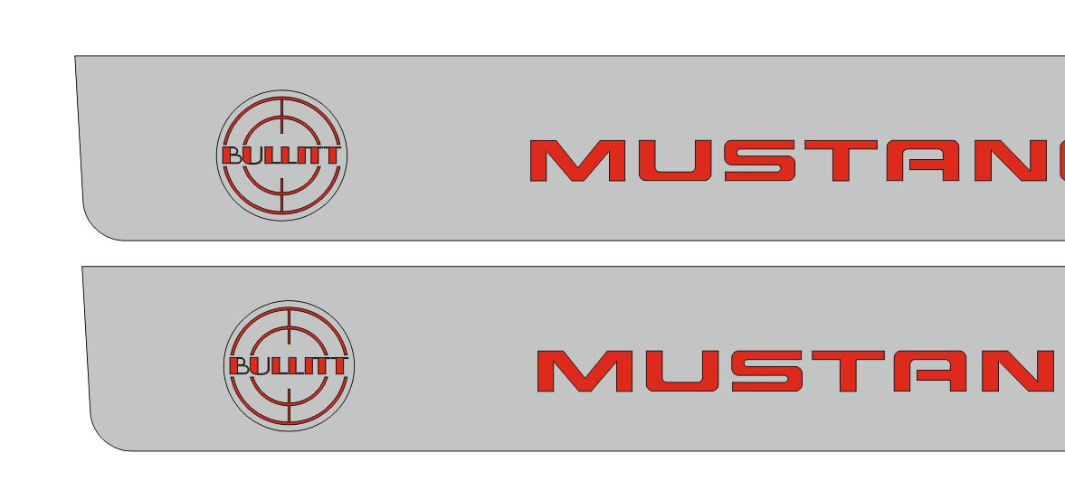 Close-up catalog illustration of red Mustang lettering and a Bullitt target emblem on gray door sill plates.