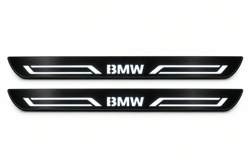 Catalogue illustration of two front black Matte PRO LED door sill plates with illuminated BMW LINE lettering for BMW 3 Series Coupe E92; final dimensions are selected during manufacture.