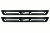 Catalogue illustration of two front black Matte PRO LED door sill plates with illuminated BMW LINE lettering for BMW 7 Series Sedan E38; dimensions are selected during manufacture.