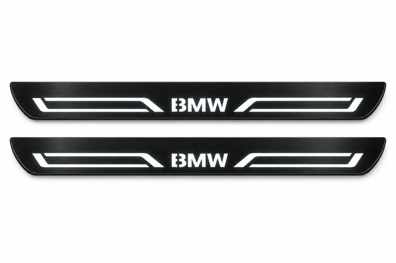 Catalogue illustration of two front black Matte PRO LED door sill plates with illuminated BMW LINE lettering for BMW 7 Series Sedan E38; dimensions are selected during manufacture.