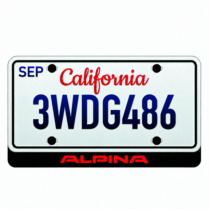BMW ALPINA illuminated LED license plate badge beneath an illustrative US plate; plate not included