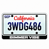 BMW BIMMER VIBE illuminated LED license plate badge beneath an illustrative US plate; plate not included