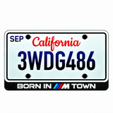 BMW BORN IN M TOWN illuminated LED license plate badge beneath an illustrative US plate; plate not included