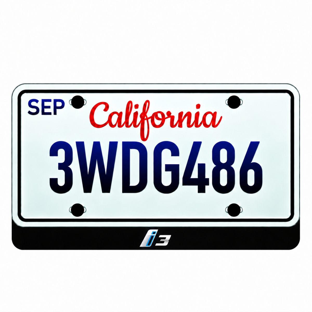 BMW i3 illuminated LED license plate badge beneath an illustrative US plate; plate not included