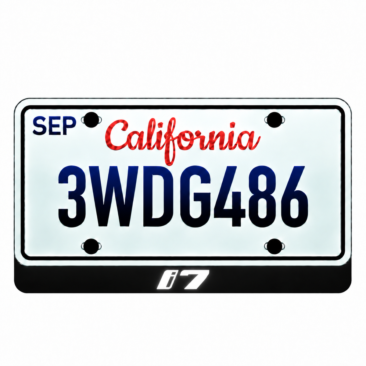 BMW i7 illuminated LED license plate badge beneath an illustrative US plate; plate not included