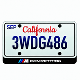 BMW M Competition illuminated LED license plate badge beneath an illustrative US plate; plate not included
