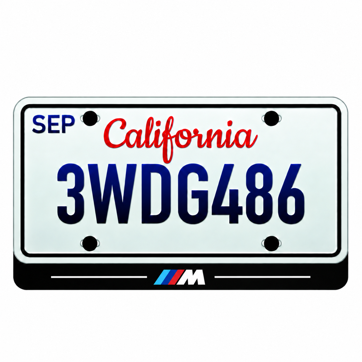 BMW M with lines illuminated LED license plate badge beneath an illustrative US plate; plate not included