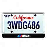 BMW M2 illuminated LED license plate badge beneath an illustrative US plate; plate not included