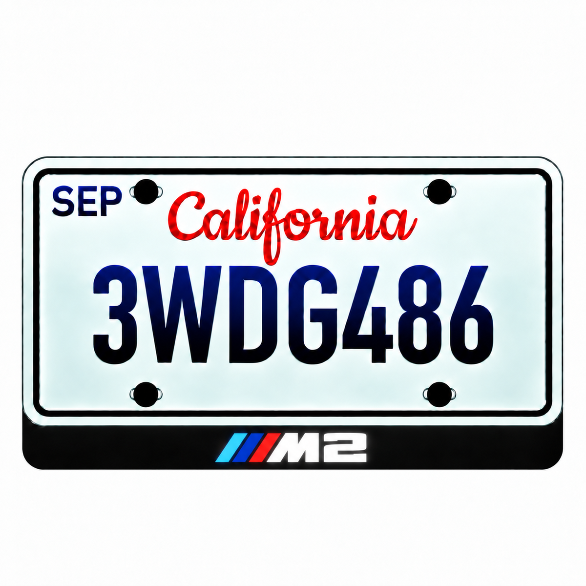 BMW M2 illuminated LED license plate badge beneath an illustrative US plate; plate not included
