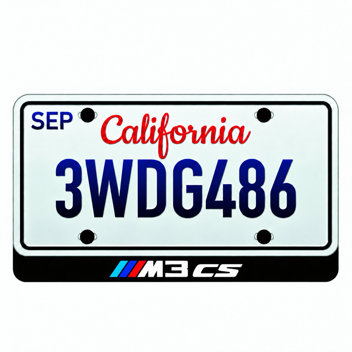 BMW M3 CS illuminated LED license plate badge beneath an illustrative US plate; plate not included